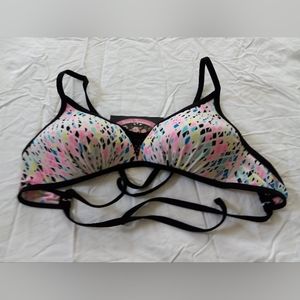 SO bikini top black framed straps confetti patterned white inset sM